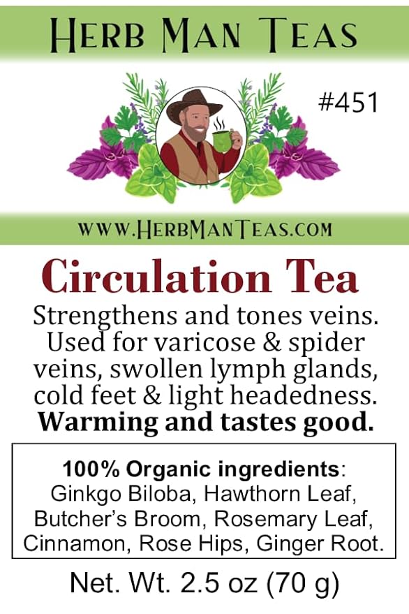 CIRCULATION TEA – Helps strengthen and tone veins supports warmth in the extremities helps reduce excess fluid in the legs – formulated by master herbalist Khabir – 100% Organic Non-GMO