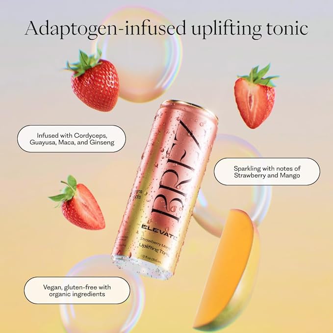 BRĒZ ELEVATE Cordyceps Mushroom Drink Non-Infused Uplifting Tonic with Cordyceps Guayusa Maca &amp Ginseng Vegan Adaptogen Drink for Focus Drive &amp Mental Clarity Strawberry Mango 12 fl oz