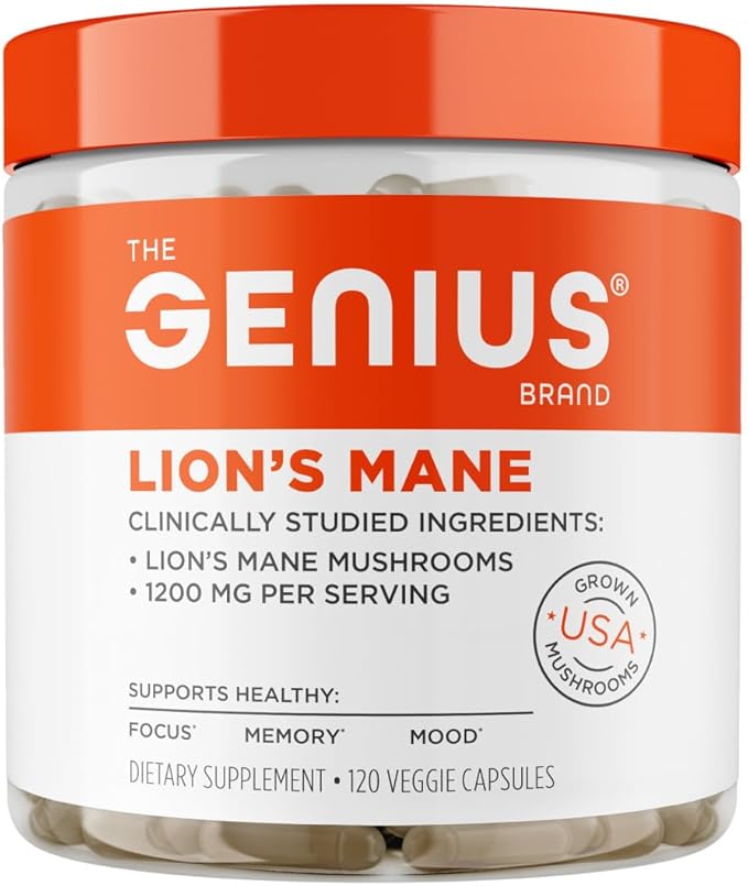 The Genius Brand Genius Lion's Mane - Plant-Based Supplement for Memory Focus &amp Mood Support - Organic &amp Non-GMO - 120 Veggie Capsules