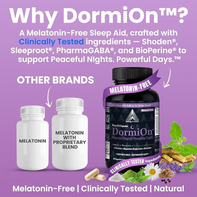 DormiOn™ Sleep + Restore + Stress Supplement Herbal Sleep Aid for Women &amp Men. No-Melatonin Non-Habit Forming. Clinically-Proven Ashwagandha GABA Valerian &amp Magnesium. Vegan &amp Non-Grog