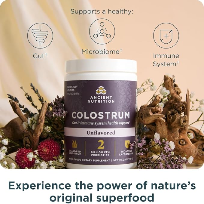 Ancient Nutrition Colostrum Superfood Powder Grass Fed Bovine Colostrum Supports Healthy Gut Microbiome and Immune System Clinically Studied Lactoferrin &amp Probiotics Unflavored 60 Servings