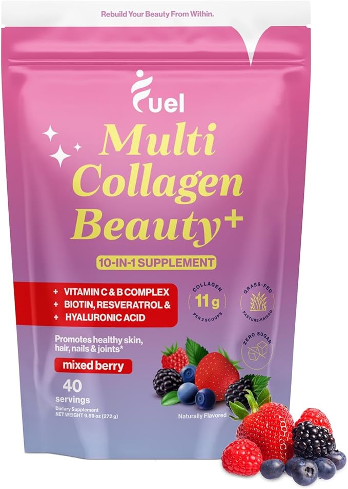 Fuel Multi Collagen Peptides Powder – 11g Hydrolyzed Collagen Types I II III V &amp X – Hair Skin Nails &amp Joint Support – Keto &amp Gluten Free – Mixed Berry – 40 Servings (9.59oz)