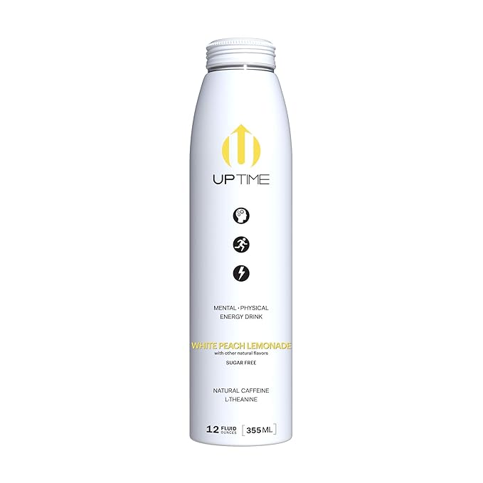 UPTIME – Premium Energy Drink White Peach Lemonade - Sugar Free 12oz Bottles (Case of 24) Better for You Natural Caffeine Sparkling