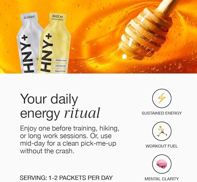 HNY+ Buzz Organic Honey Energy Gel with Electrolytes Magnesium Sea Salt Potassium &amp Green Tea Caffeine Gluten Free &amp Vegan Workout Gels for Gym Running &amp Hiking 50mg Caffeine 12 P