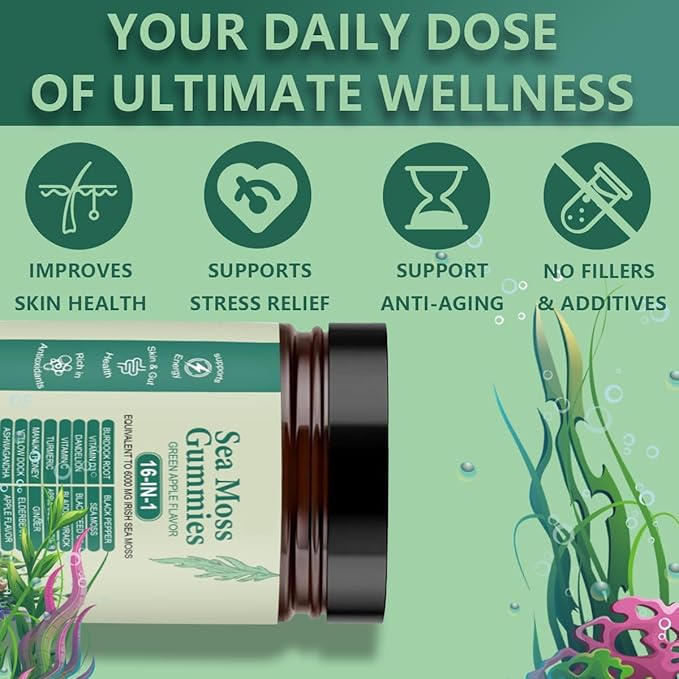 Sea Moss Gummies 16-in-1 with Black Seed Oil Ashwagandha 30 Servings Irish Seamoss Gummies Boosts Immune Support Wellness and Digestion