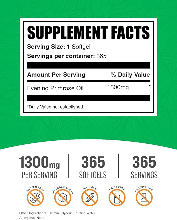 BulkSupplements.com Evening Primrose Oil Softgels - GLA Supplements Evening Primrose Oil 1300mg - Gluten Free 1 Softgel per Serving 365 Count (Pack of 1)