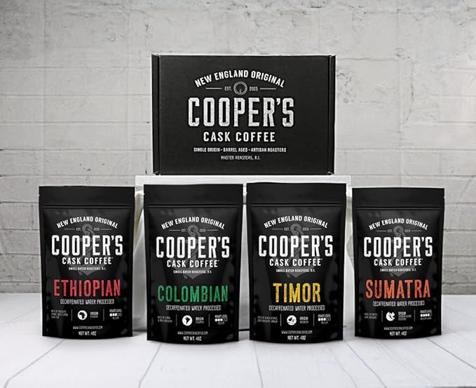 Gourmet Decaffeinated Coffee Sampler Gift Box Set | Whole Bean Coffee 4 bags Ethiopian Colombian Timor Sumatra Water Processed (Whole Bean 16oz Decaf)