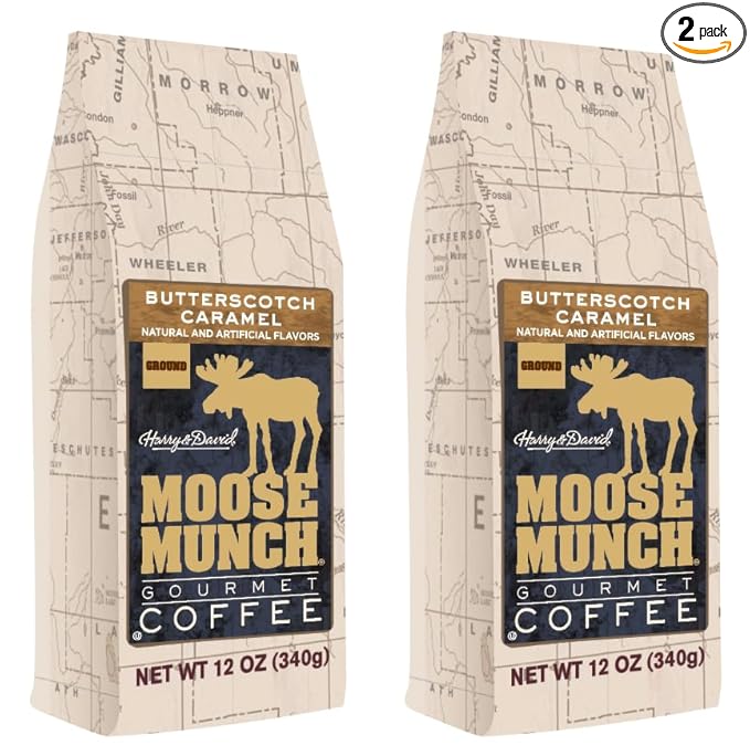 Moose Munch Butterscotch Caramel Ground Coffee – 2 Pack 12 oz Bags – Sweet Buttery Caramel Flavored Medium Roast Coffee