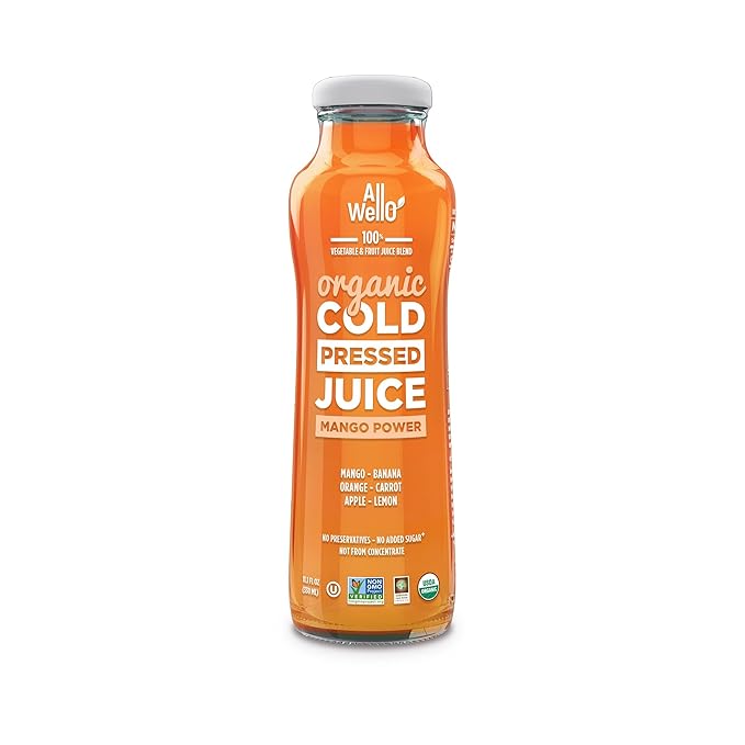 AllWellO Organic Cold Pressed Juice Drinks with Real Fruits and Vegetables Gluten Free Non-GMO Healthy Juices No Preservatives No Sugar Added (Mango Power 12 Pack)