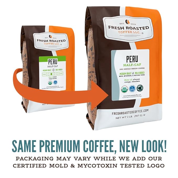 Fresh Roasted Coffee Organic Peru Water-Processed Half-Caf | Mold &amp Myco 3rd Party Tested USDA Organic Kosher | Med Roast 5 lb (80 oz) Whole Bean