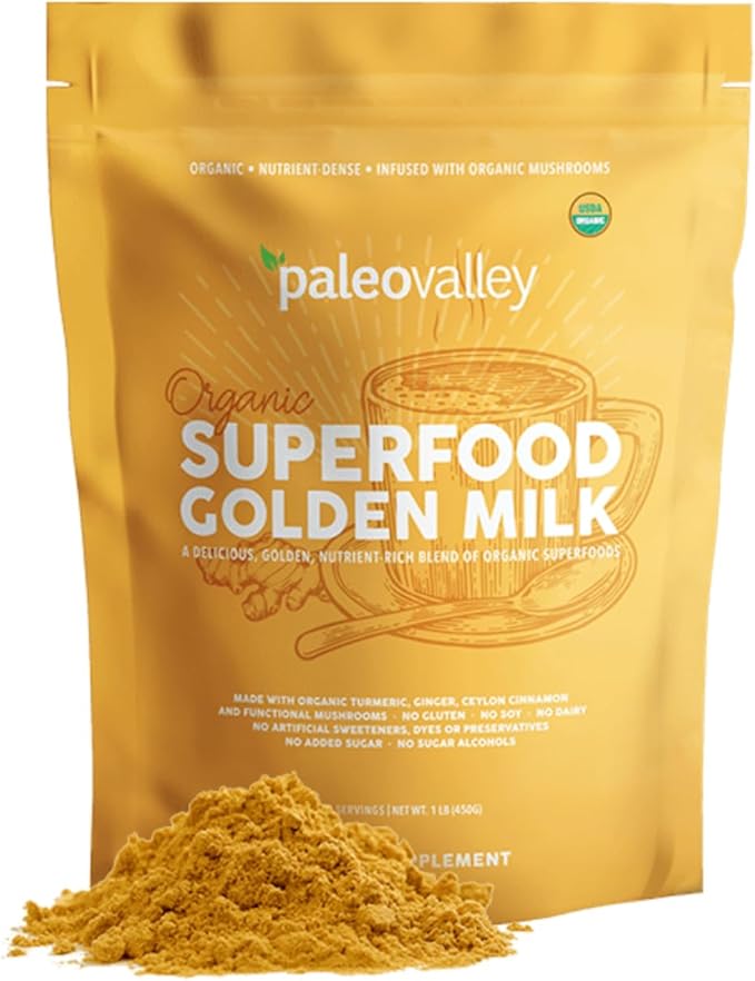 Paleovalley Organic Superfood Golden Milk - Immune Focus Cognitive Longevity - Turmeric MCT-Rich Coconut Milk Functional Mushrooms 30 Servings