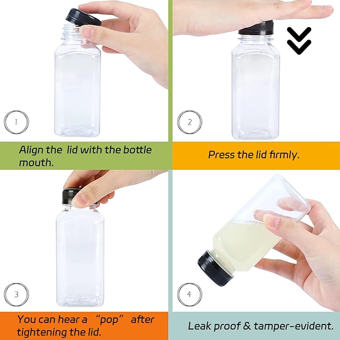 BAKHUK 36pcs 8oz Juice Bottles with Lids Food Grade Reusable Clear Containers with Black Tamper Evident Caps for Juice Milk and Other Beverages