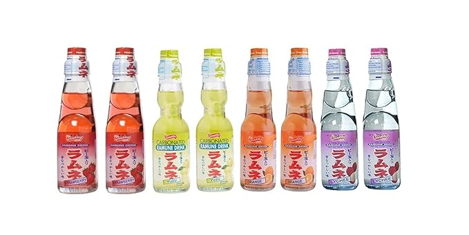 RAMUNE Japanese Soft Drink Variety 8-Pack 6.76 Fluid Ounce Each (Strawberry-Yuzu-Orange-Lychee (2 Each))