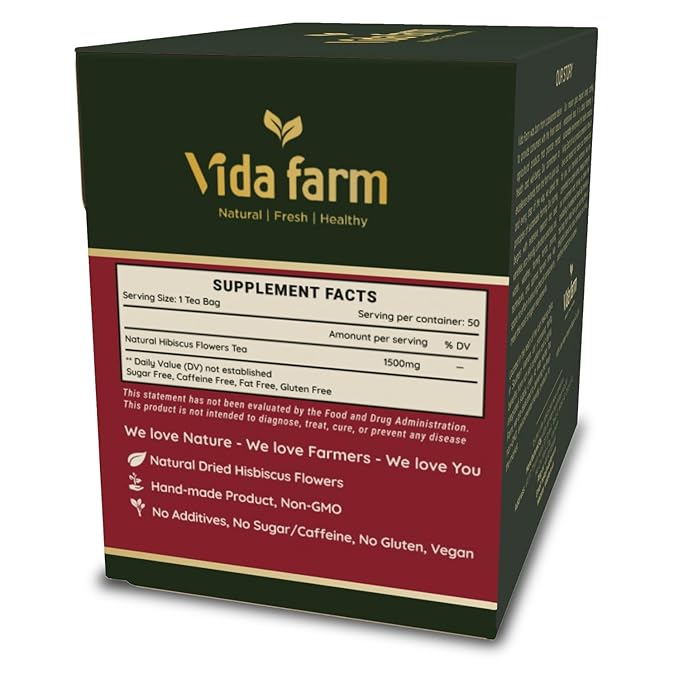 VIDA FARM 50 Hibiscus Tea Bags Natural Dried Hibiscus Flowers Tea Bags Roselle Hibiscus Sorrel Tea Jamaica Roselle Tea No Sugar No Caffeine No Gluten