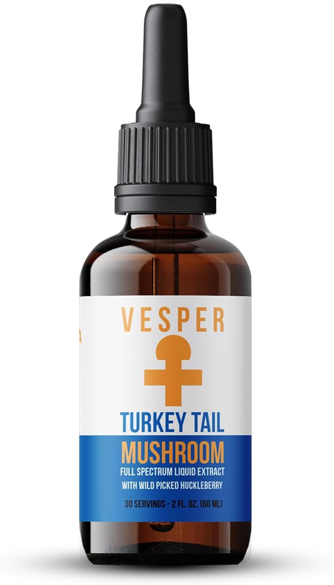 Vesper Turkey Tail Mushroom Liquid Extract - Double Extraction with Wild Huckleberries for Gut Health Immune Boost Prebiotic Benefits USA-Grown for Digestive &amp Immune Wellness – 2oz