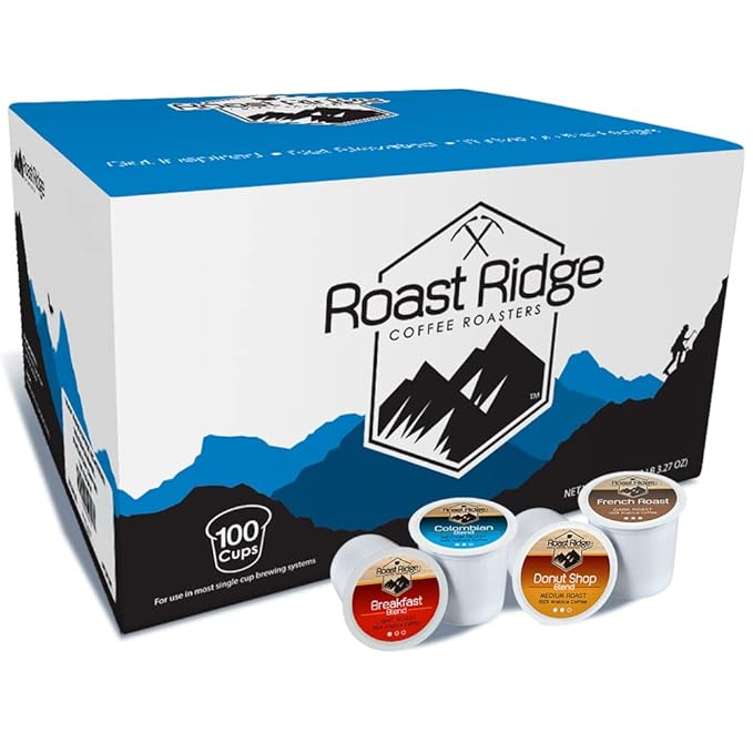 Roast Ridge Single Serve Coffee Pods for Keurig K-Cup Brewers Variety Pack Light Roast Medium Roast Dark Roast 100 Count (25 each: Breakfast Blend Donut Shop French Roast Colombian)
