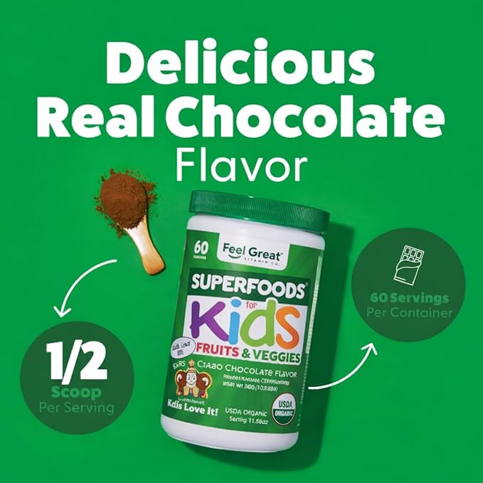 Feel Great USDA Organic Super Greens Powder for Kids - Cocao Chocolate | Fruit &amp Veggie Supplement | Superfood Powder with Probiotics &amp Digestive Enzymes for Digestive Health | 60 Days Supply
