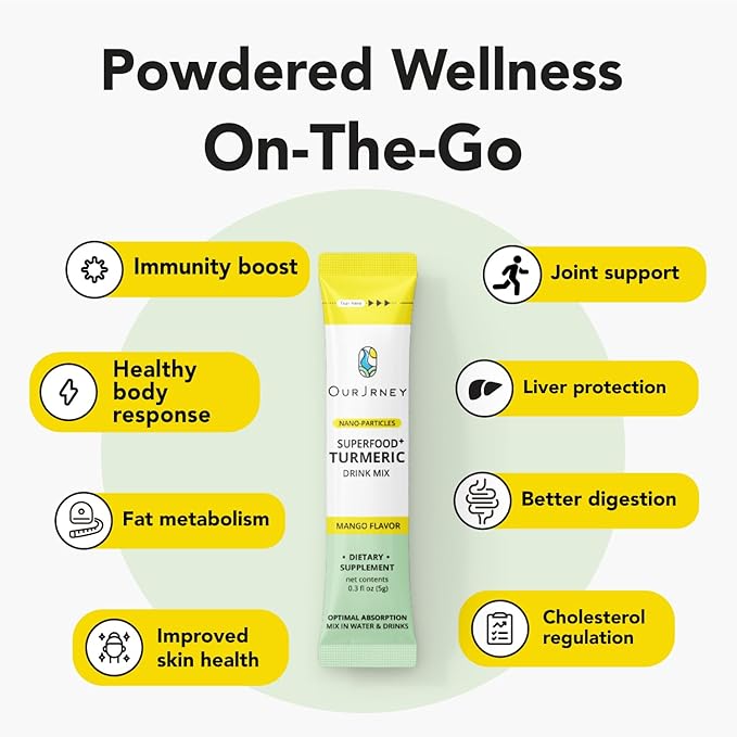 Nano Turmeric Curcumin Drink Powder Supplements–Mango Flavor Daily Morning Routine Immunity Wellness Shot Gut Health &amp Joint Support - No Added Sugar Vegan Gluten-Free Non-GMO28 Sachets