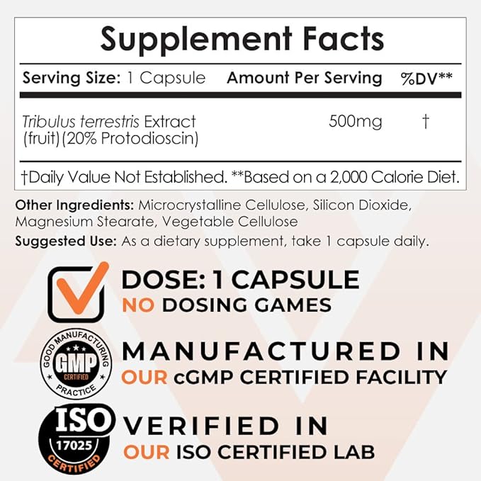 Nootropics Depot Tribulus Extract Capsules | 500mg | 20% Protodioscin | Tribulus terrestris | Fitness Mood &amp Vitality | 60 Count