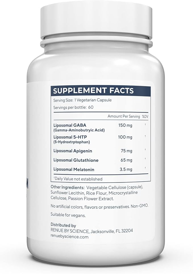 Renue By Science Restore PM | Liposomal Melatonin GABA Supplements | 60 Capsules with Melatonin (3.5mg) 5HTP (100mg) Glutathione (65mg) Apigenin (75mg) GABA (150mg) - Non-GMO | Made in The USA