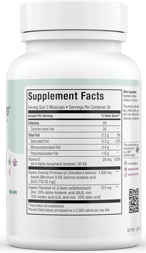 Maxi Health Women's Organic Evening Primrose Oil Capsules 1500mg - EPO Gamma Linolenic Acid Supplement - PMS &amp Hot Flashes Menopause Relief - GLA Hormonal Acne Supplements (90 Count)