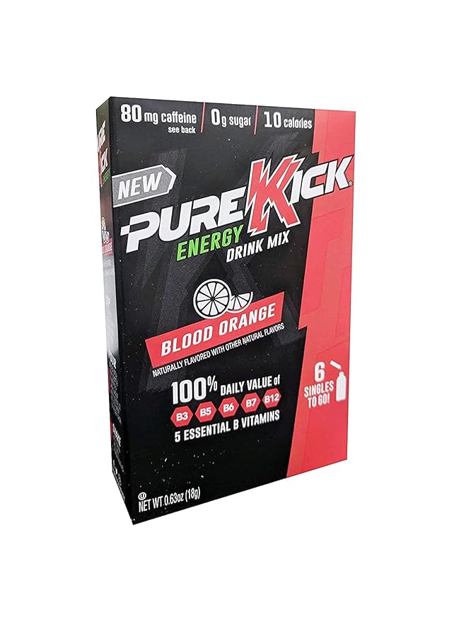 Pure Kick Energy Drink Mix - Sugar-Free 10Piece Packet Naturally Flavored Energy Supplement with 5 B Vitamins &amp 80 Mg of Caffeine Blood Orange