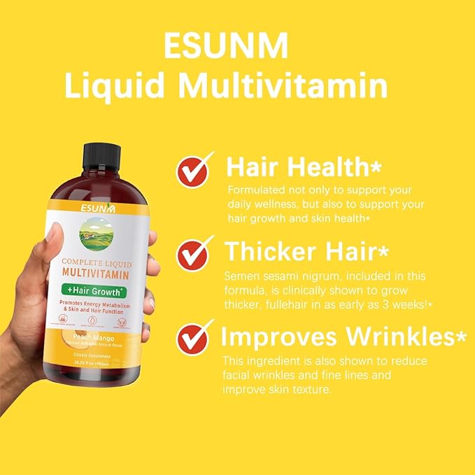 Complete Liquid Multivitamin + Hair Growth Promotes Energy Metabolism&amp Skin and Hair Function| Vitamin C D | B Vitamins | Help to Thicker Hair Wrinkles Fine Lines Skin Care (16.23OZ)
