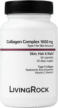 LivingRock Collagen Complex 1600mg with Type I Marine Collagen Hyaluronic Acid Astaxanthin Vitamin C &amp E Natural Multi-Ingredient Formula 90 Vegetable Capsules 45-Day Supply