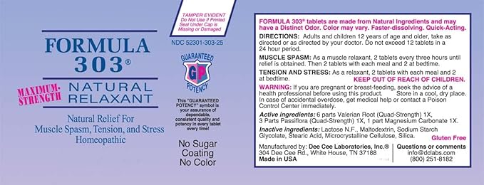 Dee CEE Labs Formula 303 Maximum Strength Tablets 90 Tablets All-Natural containing Magnesium for Sore Muscles Passion Flower and Valerian Root