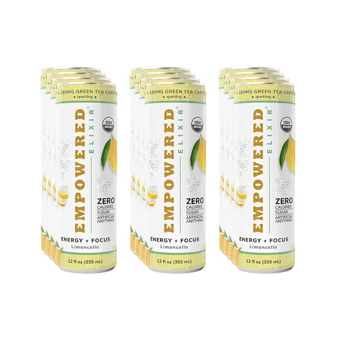 Sparkling Limoncello Infused Energy &amp Focus Drink | Green Tea (Natural Caffeine) L-Theanine Ashwagandha Electrolytes |12oz. Cans (Pack of 12)