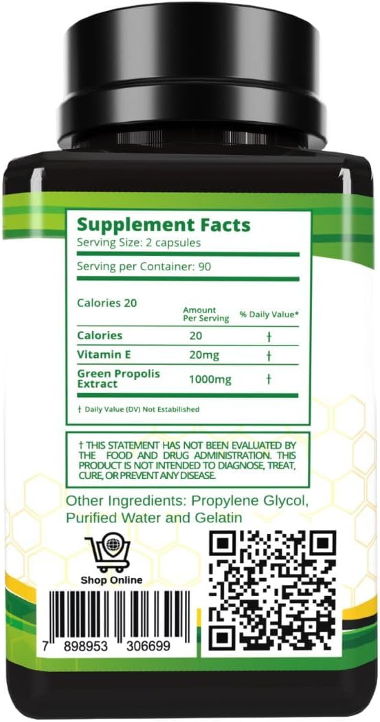 Propolis Health Propolis Capsules 1000mg-Daily with Vitamin E Per dose - Brazilian Green Propolis Extract - Immune Booster 50 Days Supply Propolis (180 Capsules)
