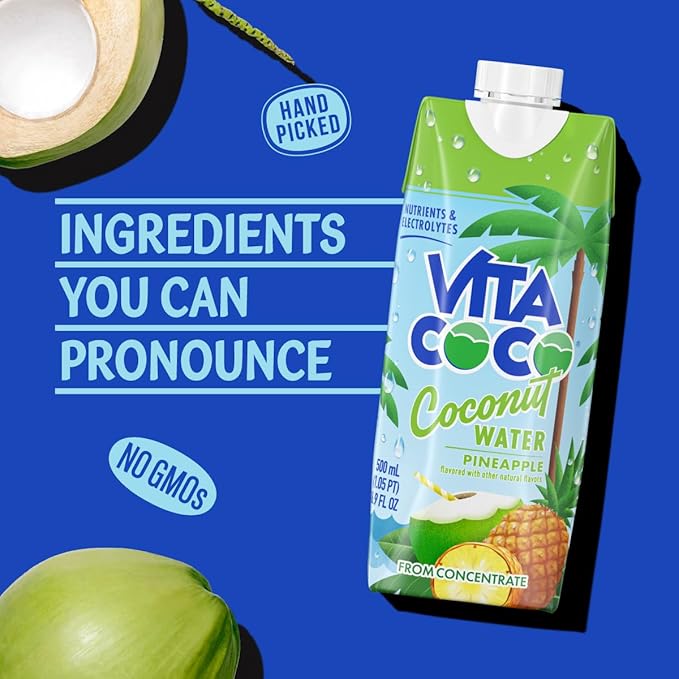 Vita Coco Coconut Water Naturally Hydrating Electrolyte Drink Smart Alternative to Coffee Soda and Sports Drinks Gluten Free Pineapple 16.9 Fl Oz (Pack of 12) 202.8 Fl Oz