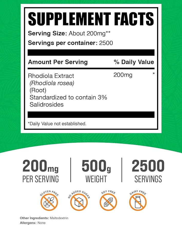 BulkSupplements.com Rhodiola Extract Powder - 3% Salidrosides Rhodiola Rosea Extract - Herbal Supplement Gluten Free 200mg per Serving 500g (1.1 lbs) (Pack of 1)
