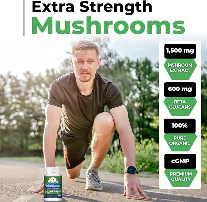 Cancer Sciences Organic Mushroom Supplement Capsules - 1500mg Non-GMO Wellness Mushroom Complex 40% Beta-Glucans -Turkey Tail Reishi Cordyceps Chaga Extract for Brain &amp Immune Support 120 Caps