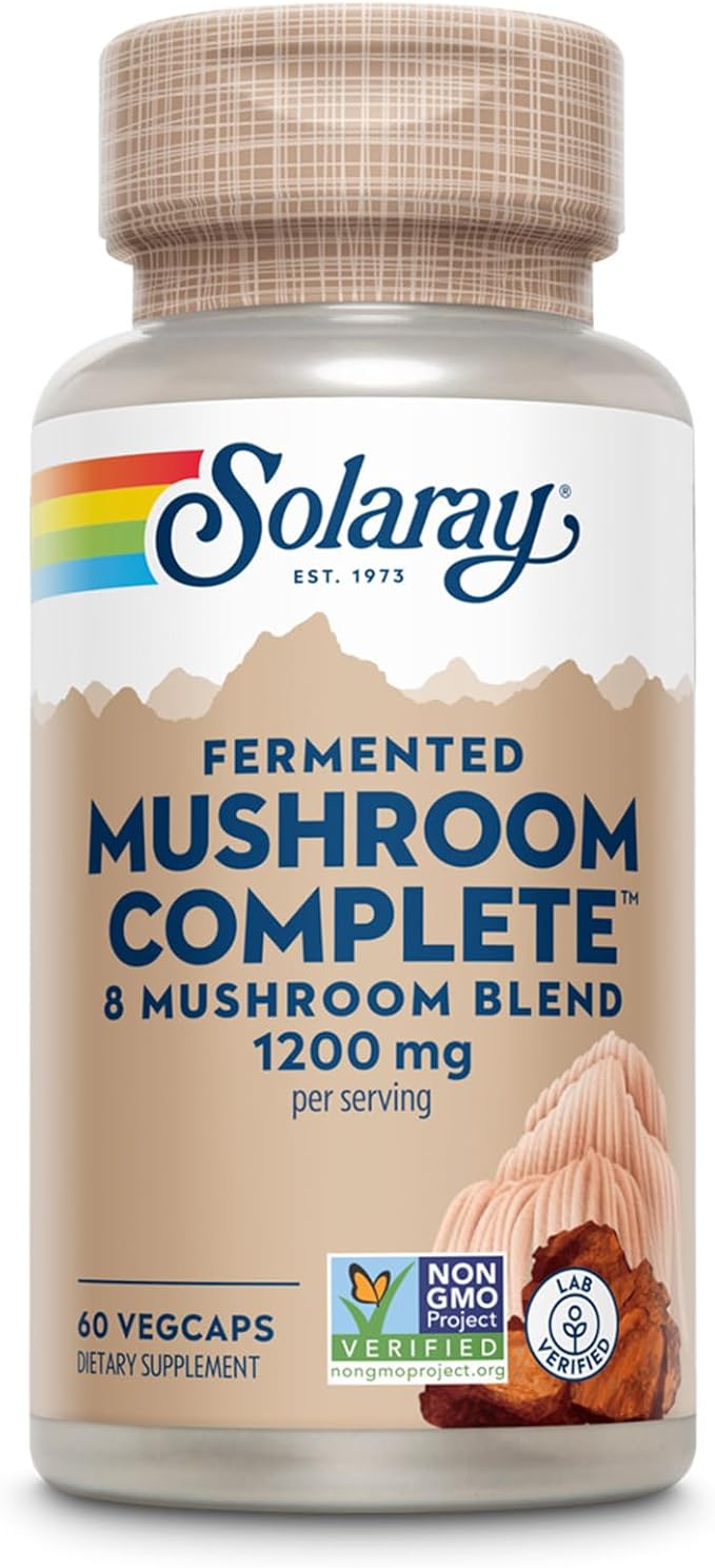 SOLARAY Fermented Mushroom Complete - Organic Chaga Reishi Shiitake Cordyceps Turkey Tail Mushroom and Lions Mane Supplement Capsules - 8 Mushroom Supplement - Non-GMO 30 Servings 60 VegCaps