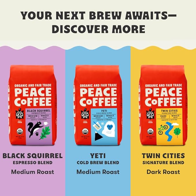 Peace Coffee Morning Glory Signature Blend Light Roast Whole Bean Coffee 12 oz Pack of 3 Organic Fair Trade Smooth Mild Flavor Shade Grown Fresh Roasted
