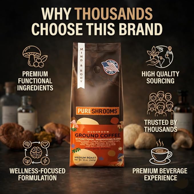 Mushroom Ground Coffee w/ 10 Organic Mushroom Extracts - King Trumpet Agaricus Blazei Willow Bracket Lion's Mane Chaga Reishi Cordyceps Turkey Tail Maitake Shiitake 340g (Perfect 10)
