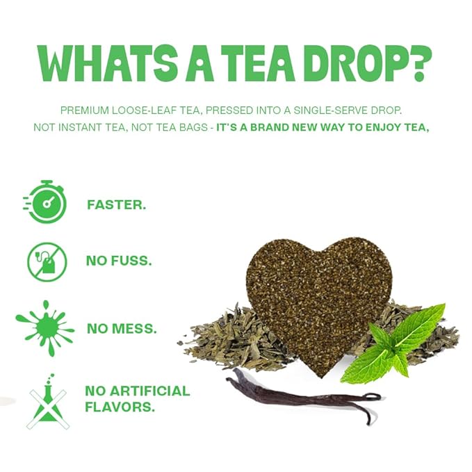 Tea Drops 30 Bulk Pack Organic Peppermint Bagless Tea - Loose Leaf Lightly Sweetened On-The-Go. Plastic-Free - Iced or Hot Tea