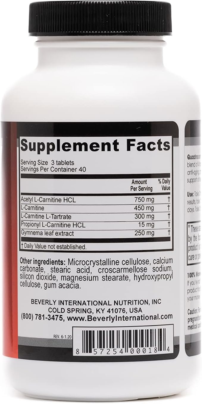 Beverly International Quadracarn 4X-Potency Lab Tested Ultra-Premium Carnitine Blend for Fat Loss Muscle Definition Metabolism Mood Energy Boost Anti-Aging Brain Function. 120 Tablets.