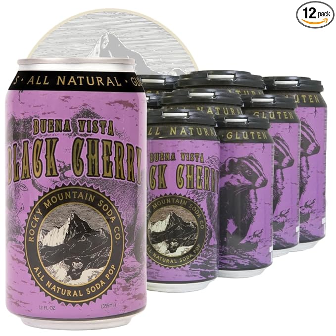 Rocky Mountain Soda 12‑Pack 12 Fl Oz Cans Small‑Batch Craft Soda Pop Gluten‑Free Vegan Organic Cane Sugar No Preservatives No Added Sodium Black Cherry Soda Pop