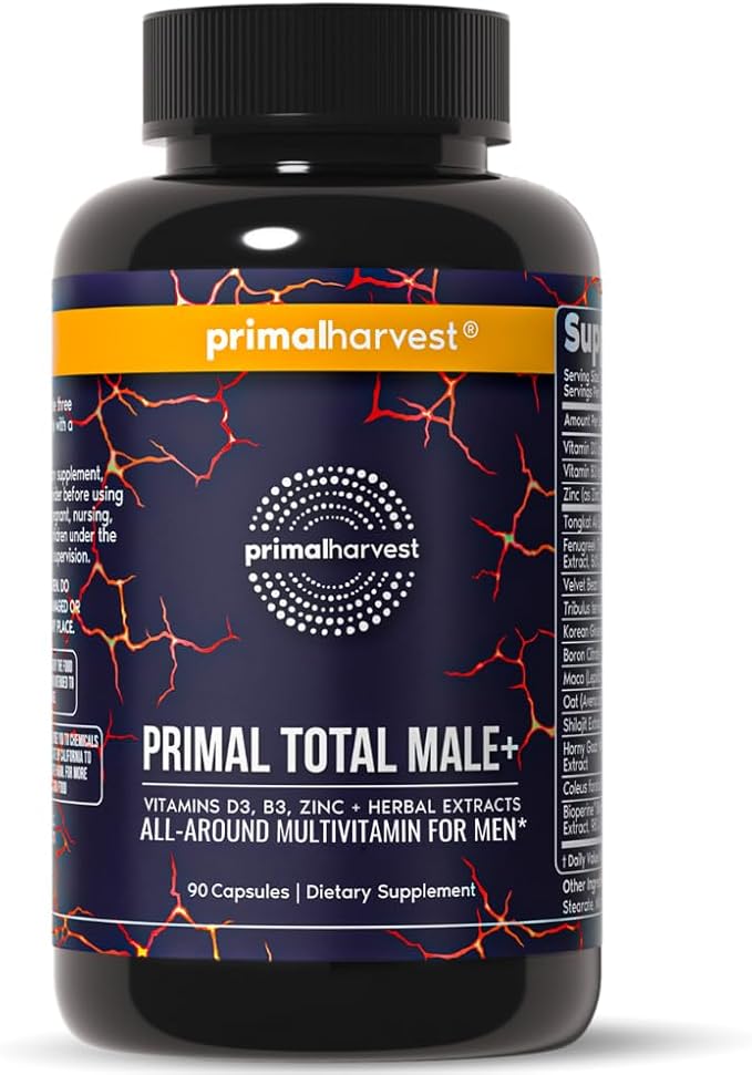 Primal Harvest Total Male+ Multivitamin for Men Vitamins Minerals and Herbal Support for Energy Vitality Immune Health and Performance (1 Pack (90 Count))