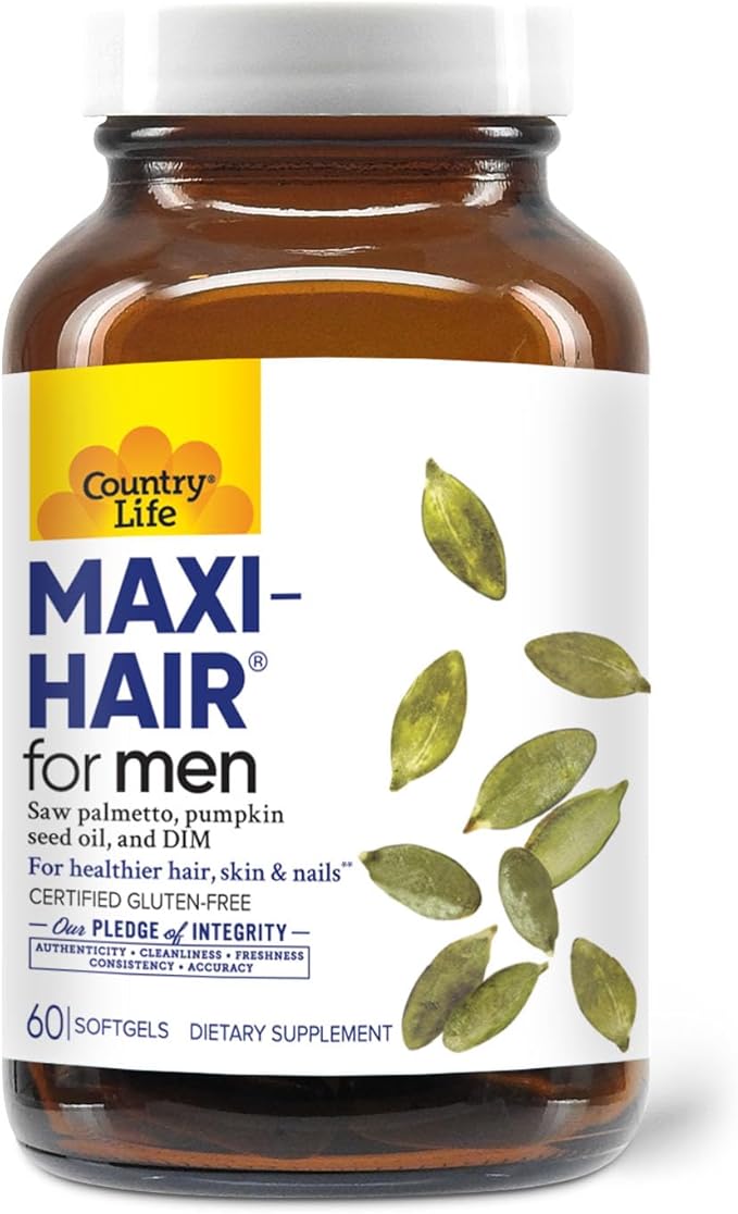 Country Life Maxi-Hair for Men - 2000mcg Biotin Saw Palmetto Pumpkin Seed Oil DIM Potassium Magnesium Calcium &amp Zinc Blend - Supports Healthier Hair Scalp Skin &amp Nails 60 Vegan Capsul