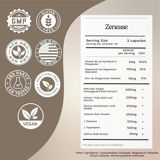 Zen Principle Zenease Sleep Support with Magnesium Glycinate Ashwagandha KSM-66® Saffron L-Theanine &amp GABA – No Melatonin Natural Stress Relief &amp Sleep Aid. 180 Capsules