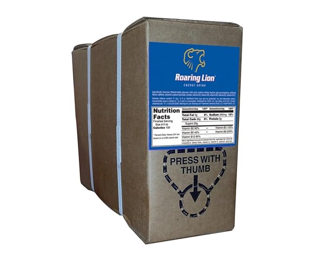 Roaring Lion energy drink (1 Gallon Bag-in-Box Syrup Concentrate) - Box Pours 6 Gallons of Energy Drink - Use with Bar Gun Soda Fountain or Home Beverage System