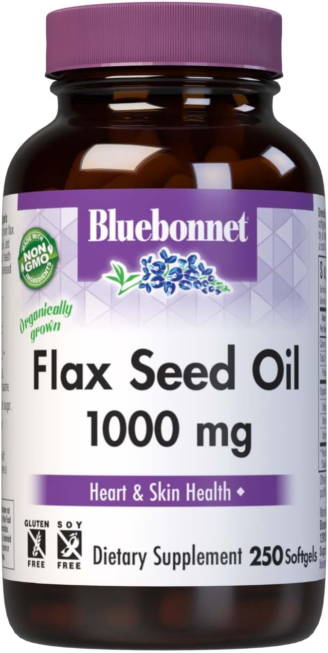 BlueBonnet Flax Seed Oil 1000 mg - Omega 3 6 9 Fatty Acids Heart Health &amp Skin Support for Women &amp Men - Cold-Pressed Organic Flaxseed Oil Capsules - Non-GMO Gluten-Free Soy-Free - 250 Soft