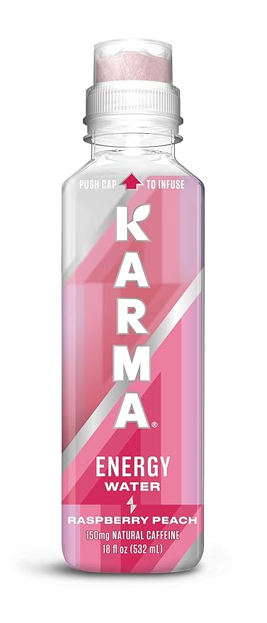 Karma Energy Drink – 12 Pack Raspberry Peach Caffeinated Water with Cognizin® Nootropics Vitamins &amp Immune Support Low Calorie