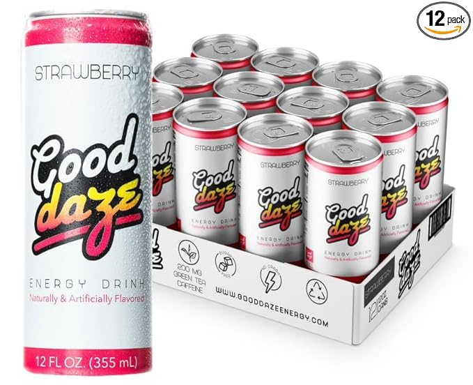 Good Daze Energy Drink with 200mg of Caffeine from Tea Sugar Free B Vitamins L-Theanine Pre Workout Performance with Antioxidants Strawberry 12FL OZ Cans (Pack of 12)