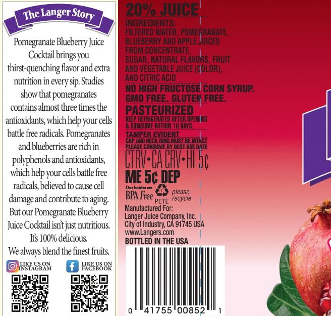 Langers Pomegranate Blueberry Juice Cocktail 64 Fl Oz (Pack of 8)