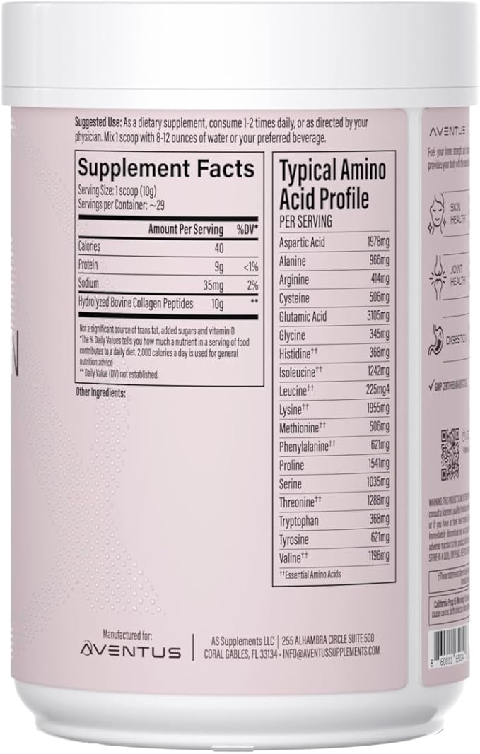 Aventus Collagen Peptides Beauty and Wellness Support for Skin Hair Nails Joint Health and Digestion – Unflavored Powder 10g per Serving 29 Servings