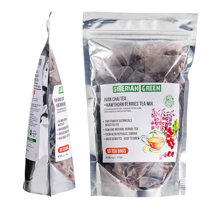 Siberian Green Ivan Chai Tea and Hawthorn Berry – 50-Pack Herbal Tea Bags – Natural and Pure Botanical Herbs From Altai Siberia